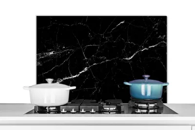 Produktbild von KitchenYeah®  Spritzschutz Küche - Küchenrückwand - Wandschutz für Herd und Spüle - Marmoroptik - Schwarz - Luxus 90x60 - Alu-Dibond (Alternative zum Spritzschutz aus Glas) - Hitzebeständig - Herdspri