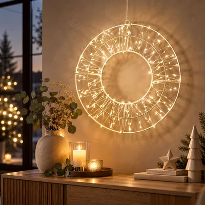 200er LED Deko Kranz Hängen Lichterkranz Timer warmweiß Ø30xB6cm Außen IP44