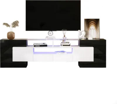 Produktbild von Sweiko Stilvoller TV-Schrank, niedriges Panel. Hochglanz-Weiß und Schwarz, 200 cm, LED-Beleuchtung  Wohnzimmermöbel. Modernes Design. Elegante Glasoberfläche.