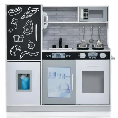 Produktbild von Kinderküche Holz mit Zubehör Kinderspielküche Holzküche mit Herd Geschirrspüler Eismaschine Kühlschrank mit Tafel Spielküche für Jungen und Mädchen Weiß