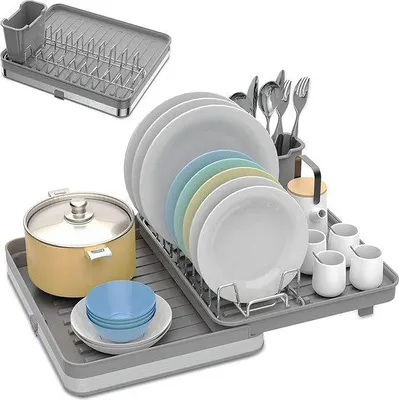Productafbeelding van Famanu afdruiprek voor servies - Uitschuifbaar (30 cm - 53 cm) met houder voor keukengerei - RVS afdruipset