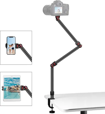 Produktbild von PULUZ PU3103B Desktop-Live-Streaming-Staender, 3-teilig, flexibel, ausziehbar, C-Klemme, Tischhalterung, Aluminiumlegierung, 3 kg Tragkraft, mit Telefon-Tablet-Klemme fuer DSLR-Kamera, Smartphone, Tablet, LED-Ringlicht, Webcam