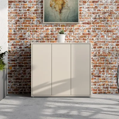 Produktbild von Forte ALICE SPRINGS Schuhschrank 100 110, moderner Flurschrank mit 3 Türen und 8 Einlegeböden, Holzwerkstoff, Kaschmir/ Beige, 109,2 cm breit x 99,1 cm hoch x 34,9 cm tief