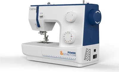 A white and blue CARINA sewing machine is shown from a three-quarter front angle against a white background.