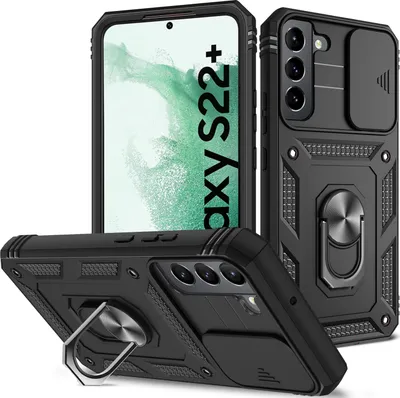 Image de Etui pour Samsung Galaxy S23+ avec protection coulissante de l'appareil photo, résistant aux chocs, avec porte-anneau, support et porte-cartes noir