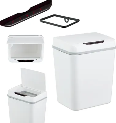 Image de Poubelle de salle de bain Relaxdays, avec capteur, 9 litres, couvercle électrique, support pour sac poubelle, poubelle de salle de bain, plastique, blanc