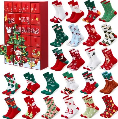 Produktbild von 24Paar Socken Adventskalender,Weihnachtssocken Countdown-Kalender mit 24 Tage,Weihnachten Socken Mix Design für Kinder Männer und Frauen
