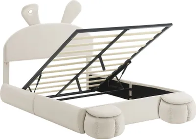 Produktbild von Flieks Polsterbett Kinderbett 140x200cm mit 2 Sitzbank, Hydraulisches Doppelbett Jugendbett Holzbett mit Led & Kaninchenohrenmuster, Stauraumbett Samt