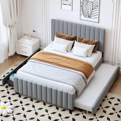 Image de okwish Lit rembourré 140 x 190 cm avec lit gigogne, cadre de lit double avec deux tiroirs, lit pour jeunes en velours doux pour la peau, sans matelas – gris