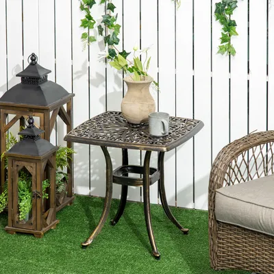 Zdjęcie produktu dla Stolik kawowy Outsunny, stolik tarasowy z otworem na parasol, stolik ogrodowy z aluminiową ramą, stolik kawowy do ogrodu, na balkon, brązowy, 54 x 54 x 52,5 cm