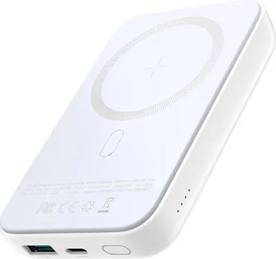 A white wireless power bank is shown from a slightly elevated angle.
