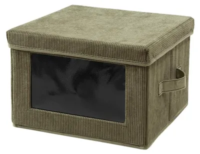 Image de CALICOSY - Boîte rangement tissu velours côtelé kaki avec fenêtre - L30 cm