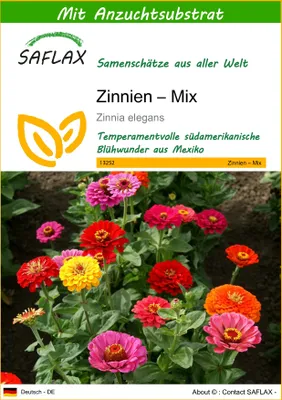 Produktbild von SAFLAX - Zinnien – Mix - Zinnia elegans - 50 Samen - Mit keimfreiem Anzuchtsubstrat