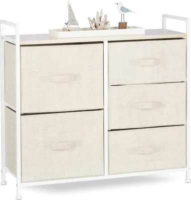 Productafbeelding van Kast met 5 lades, metalen en hout, ladeblok, commode, ladesysteem, afmetingen 775x83x29 cm, beige kleur, Scandinavisch design