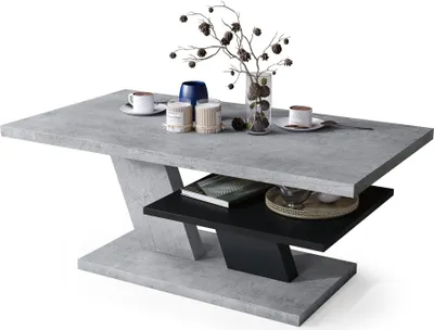Produktbild von Moderne Wohnzimmertisch Conte Beton + Schwarz, mit Hochglanz-Oberfläche – Stilvolles Design & Praktische Funktion -05