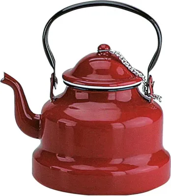 A red enamel teapot on a white background.
