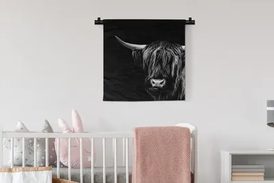 Produktbild von MuchoWow® Wandteppich Wandbehang Schottisches Hochlandrind - Horn - Schwarz - Weiß 60x60 cm Tapisserie Dekoration Wandtuch - Dekorationen - Wand Decke