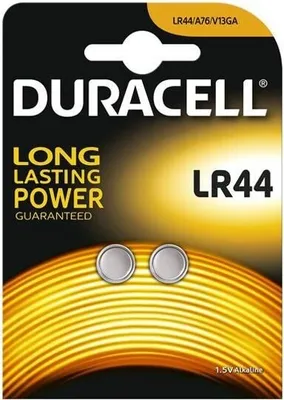 A package of Duracell LR44 button cell batteries.