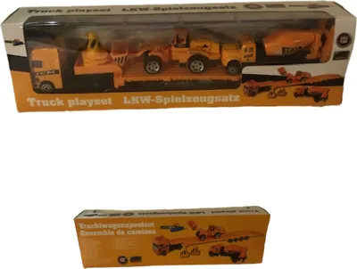 Produktbild von Autotransporter mit Baufahrzeugen bestückt  Maßstab 1:32
