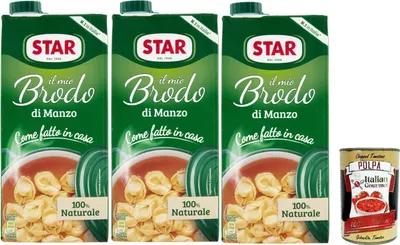 Produktbild von STAR Il Mio Brodo Manzo, 3x 1L, Bereit -hergestellte flüssige Brühe, 100% natürlich, ohne Konservierungsstoffe, Gluten -freie und hinzugefügte glutamatfreie + Italian Gourmet polpa 400g