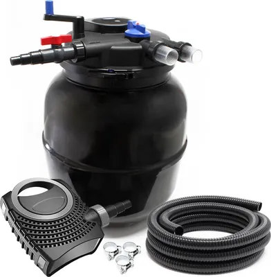 Produktbild von Kompletny zestaw SunSun: ciśnieniowy filtr do oczka wodnego CPF-50000 z ruchomym złożem do 13000 l, osadnik do oczka wodnego UV-C 55 W, pompa do oczka wodnego NEO10000 SuperECO 10000 l/h 80 W, 10 m węża do oczka wodnego 38 mm (1 1/2"), opaski zaciskowe W1 44-47 mm