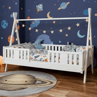 Produktbild von MEBLE WRÓBEL Kinderbett Tipi 90x180 cm - Hausbett aus Kiefer - Bett mit Rausfallschutz & Lattenrost - für Jungen und Mädchen - Weiß Spielbett für Kinder