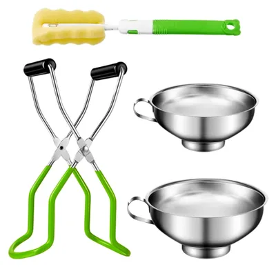 Produktbild von Einmachset aus Edelstahl mit Einmachtrichter, Glasheber und Schwammpinsel für sicheres Einkochen zu Hause