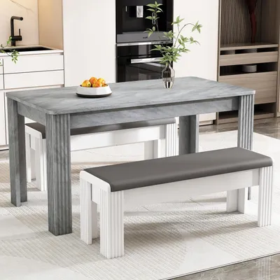 Immagine prodotto di Set da pranzo composto da tavolo e due panche, colore grigio, design moderno e contemporaneo