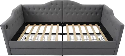 Immagine prodotto di Letto imbottito Sweiko daybed divano letto contenitore struttura letto con funzione di ricarica USB Tipo C e 2 cassetti 90x200cm in lino grigio (senza materasso)
