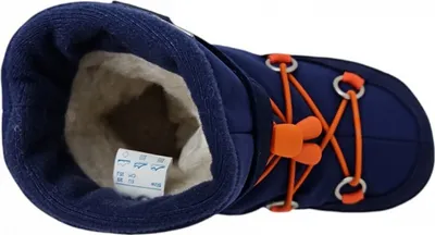 A top-down view of a blue winter boot with orange laces and a beige fuzzy interior.