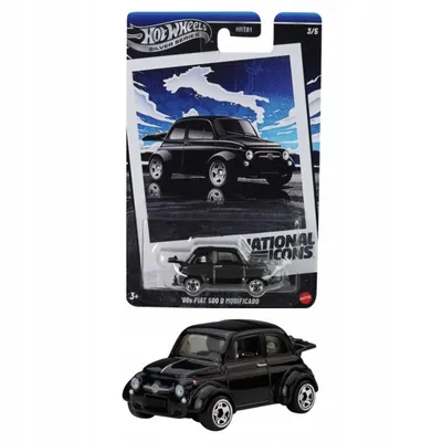 A Hot Wheels Silver Series 60s Fiat 500D Modifiziert toy car in its packaging, with a separate image of the car below.