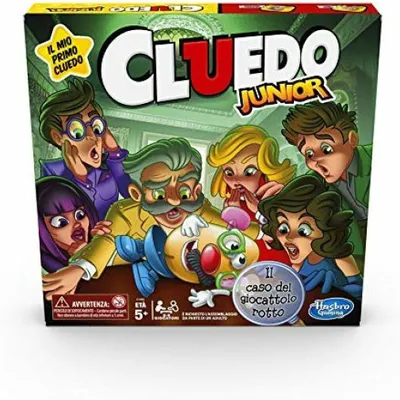 The image shows the front of the Cluedo Junior board game box, featuring cartoon characters and the game's title.