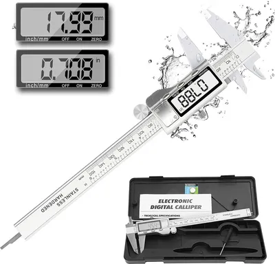 Produktbild von Digital Messschieber Edelstahl 150mm LCD Display Inkl. Aufbewahrungsbox Ersatzbatterie Schieblehre Messlehre für Innen-, Außen feinste Abstände und Durchmesser IP54 Spritzwasserdicht