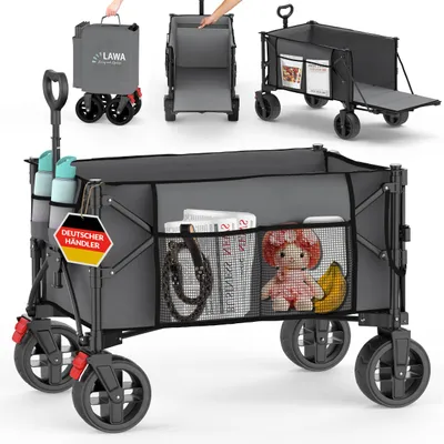 Produktbild von Outdoor Campingwagen Bremse 100kg Seitentasche Heckklappe Flaschenhalter klein 130l leicht grau kleines Packmaß ausziehbarer Teleskop Griff