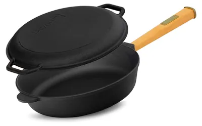 Produktbild von Ø24cm 62mm hoch Gusseisenpfanne Gußeisenpfanne mit Holzgriff und Deckel-Bratpfanne aus Gusseisen
