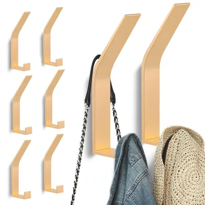 Produktbild von 8-teiliges Set goldener Wandhaken zur unsichtbaren Montage (Bohren und Schrauben), moderne Kleiderhaken für Kleiderschränke, Jacken, Mäntel, Hüte, Schals, Handtücher, Handtaschen und mehr.