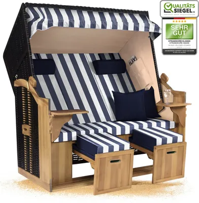 Produktbild von Strandkorb Ostsee 2,5-Sitzer 150cm breit in Schwarz Blau Weiß Blockstreifen Montiert ideal für Balkon, Terrasse oder Garten