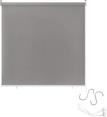 A grey roller blind with accessories.