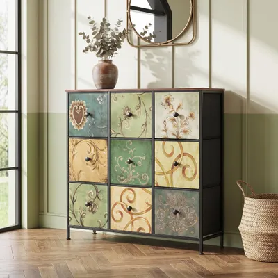 Produktbild von INONEFT Kommode mit 9 Stoffschubladen, 100×30×86,5 cm, Vintage Muster, Schlafzimmer Kommode mit Metallrahmen & Holzplatte, für Küche, Büro, Diele