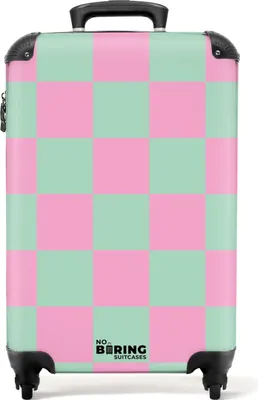 Produktbild von NoBoringSuitcases.com® Koffer Handgepäck Trolley Rollkoffer Kleine Reisekoffer mit 4 Rollen - Rosa mit türkisem Schachbrettmuster - Cabin Size < 55x40x23 cm & 55x40x20 cm - Fotokoffer - Kabinenkoffer - BoardgepäckHandgepäck Koffer 55x35x20 cm, 36L,