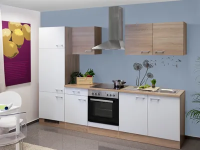 Obrázek produktu pro Kuchyňský blok se spotřebiči Flex Well Samoa 270 cm barva čela bílá sonoma dub matná barva korpusu sonoma dub