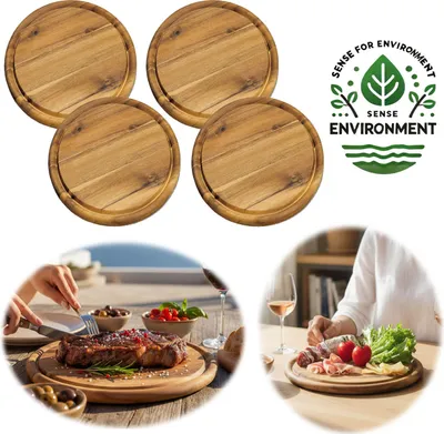 Produktbild von LS-LebenStil 4 x Fleischteller 25cm Rund Akazie Holz 4´er Set Brotzeitbrett Schneidebrett Servierteller Pizzateller Vesperbrett Käsebrett Steakbrett