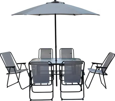 Produktbild von Gartentisch und -stühle mit Sonnenschirm aus Metall "Convivia" - 6 Plätze - Hellgrau