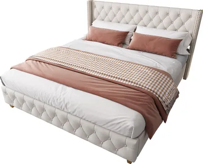 Obrázek produktu pro Čalouněná postel 160 x 200 cm s lamelovým roštem a čelem, čalounění knoflíky, čalounění s cvočky, dřevěné nohy, lněné, béžová barva