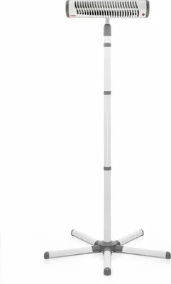 A white and gray infrared heater on a stand against a white background.