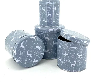 Produktbild von Heimtexland ® 4er Set Gebäckdosen Keksdose Vorratsdose Weihnachten Plätzchen Geschenkbox Lebensmittel Metalldosen Typ658 Hirsche grau