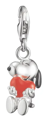 A silver charm of Snoopy holding a red heart, attached to a clasp.