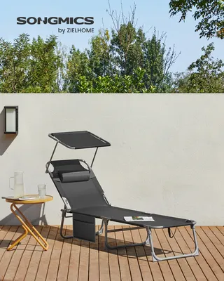 Produktbild von SONGMICS Sonnenliege, klappbarer Liegestuhl, mit Seitentasche, 53 x 193 x 29 cm, bis 150 kg, Kopfstütze, verstellbarer Rückenlehne Dunkelgrau