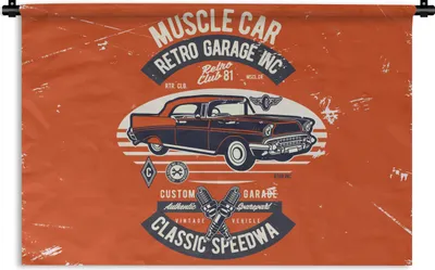 Produktbild von MuchoWow® Wandteppich Wandbehang Auto - Orange - Oldtimer - Zitat 60x40 cm Tapisserie Dekoration Wandtuch - Wanddekorationen