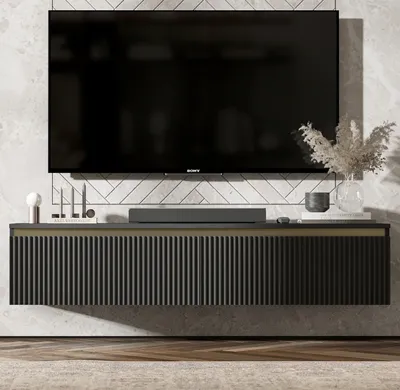 Produktbild von TV-Wandschrank SELENE von Lindner Möbel – zweitürig - 140 x 30 x 35 cm - Farbe: Schwarz matt - Italienische Tiefmattfolie